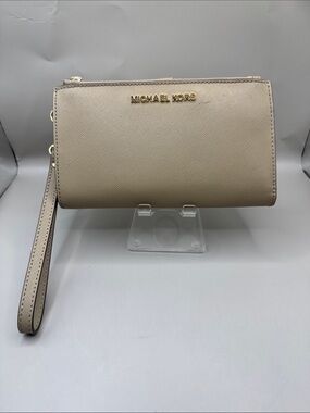 Michael Kors Double Zip Beige Saffiano Leather Phone Wristlet